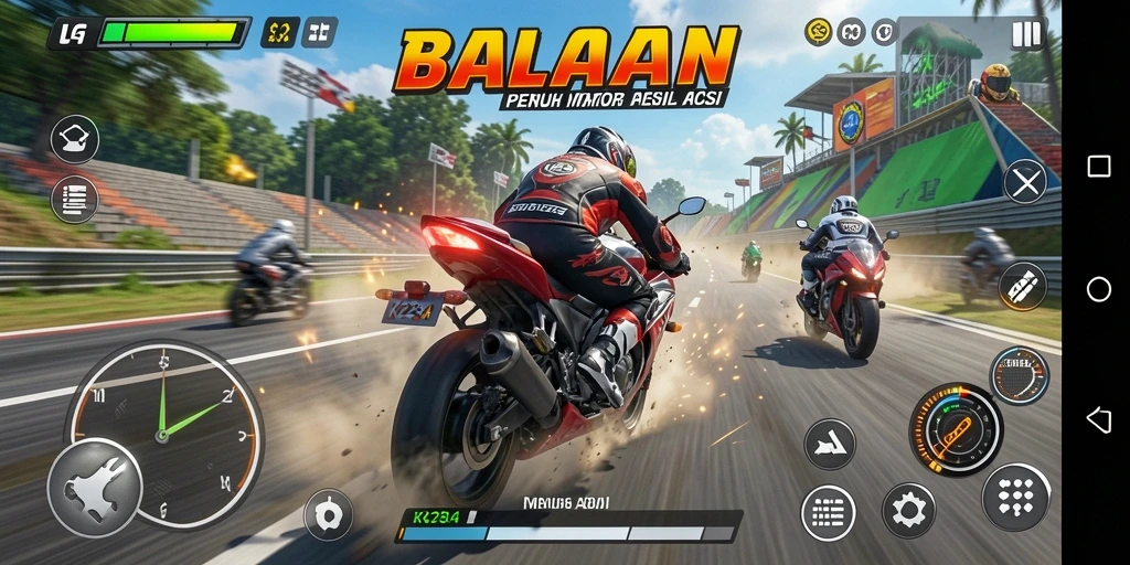 Gameplay K234 menampilkan aksi balap motor yang mendebarkan.