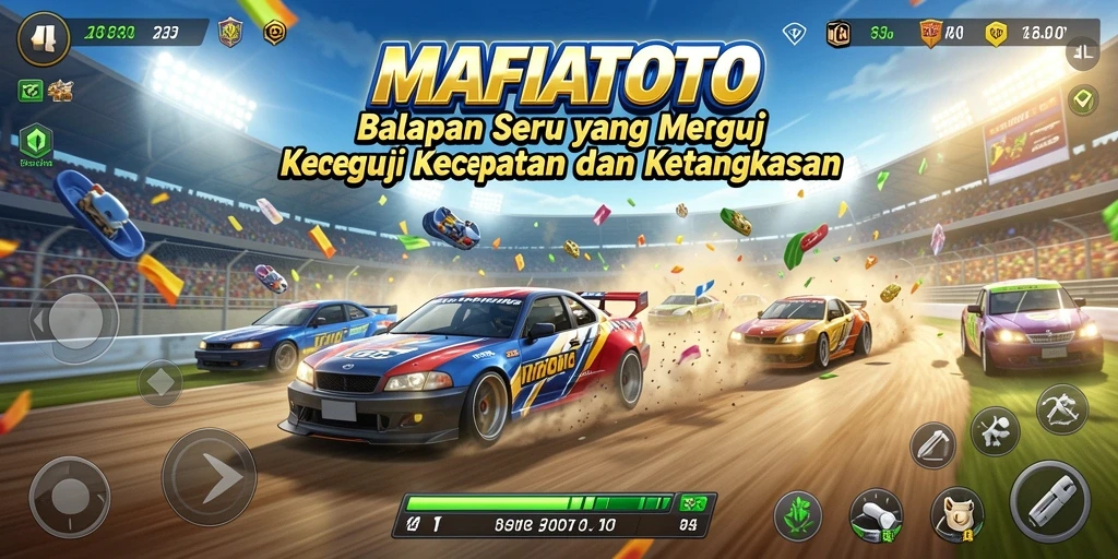 Screenshot gameplay MAFIATOTO menampilkan aksi balapan dengan kendaraan yang bertenaga.