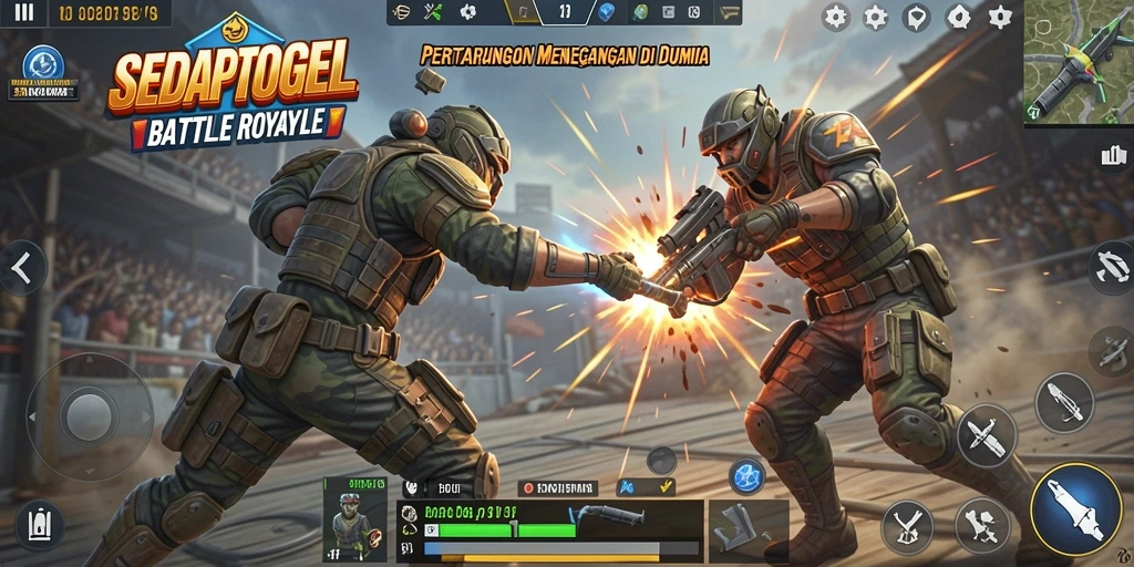 Gambar menampilkan duel epik dalam gameplay Battle Royale SEDAPTOGEL.
