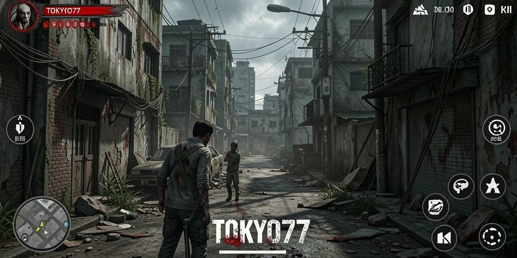 Screenshot utama TOKYO77 menampilkan suasana gelap dan mencekam dari gameplay.